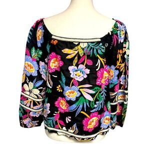 C & C California Cropped Linen Floral Blouse Women's Large